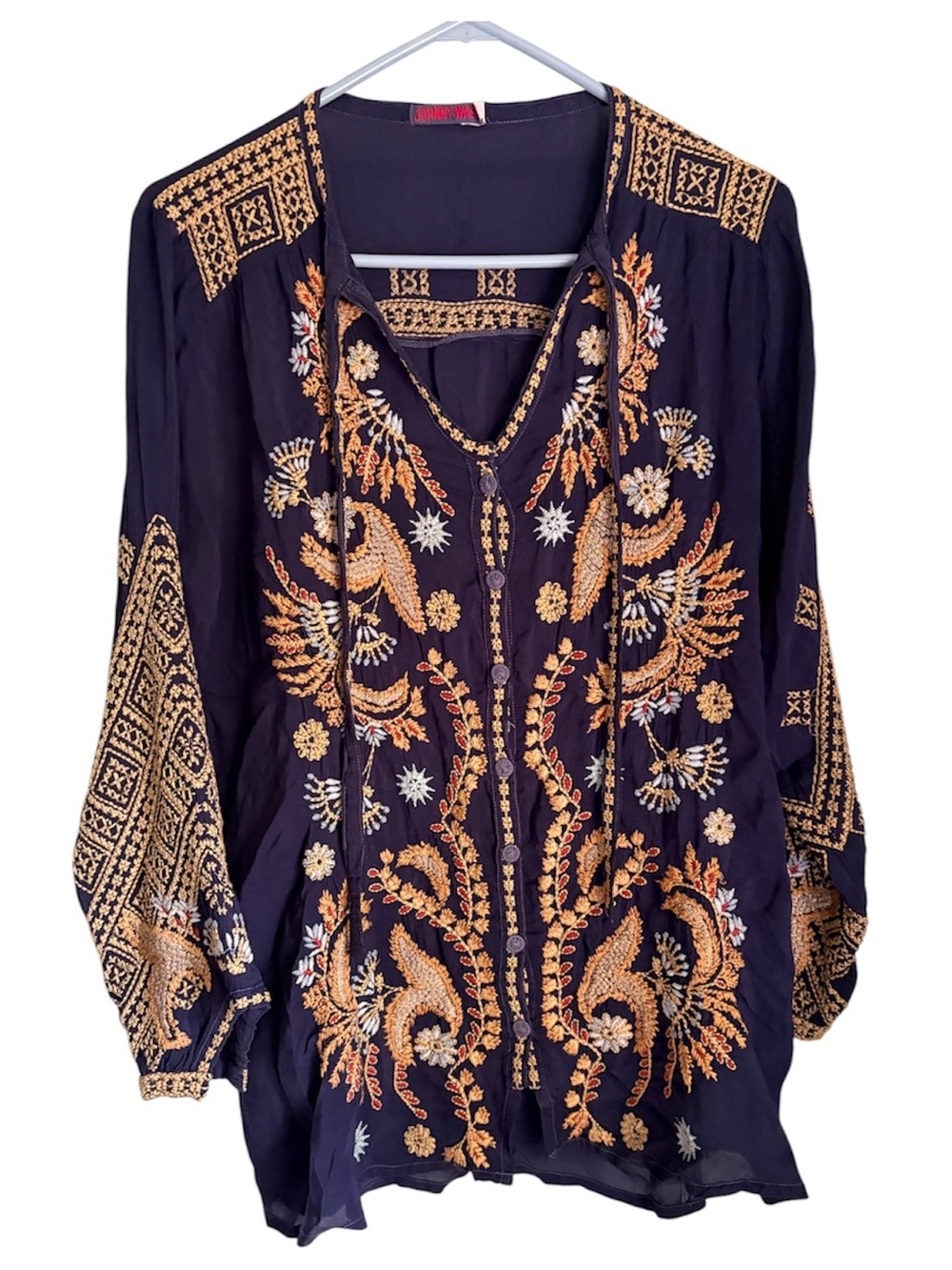Johnny Was Blue Minerva Embroidered Blouse Boho Tunic Top Size S